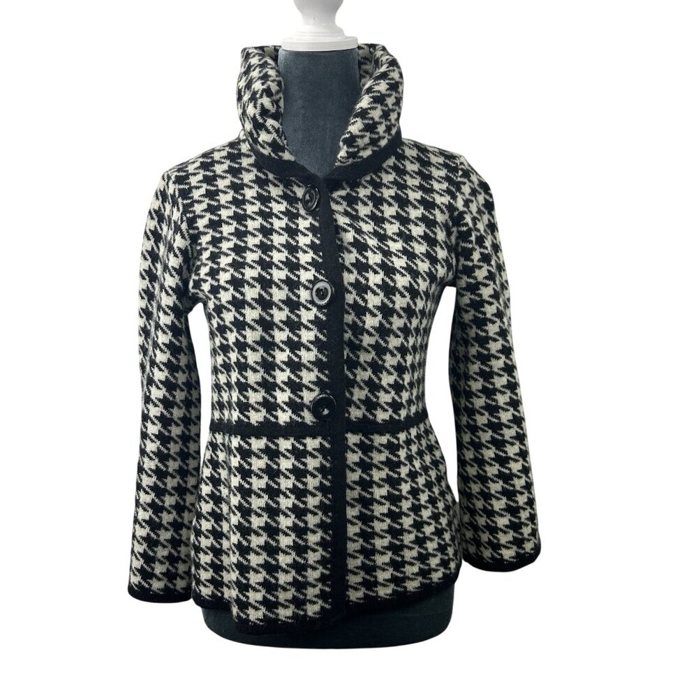 A.IDA Women’s Sweater Jacket Size Small Black White Houndstooth Wool Blend Italy